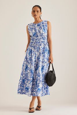 By Anthropologie Sleeveless Poplin Smocked Midi Dress