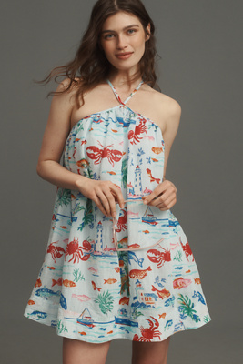MAEVE PRINTED HALTER SWING MINI DRESS 