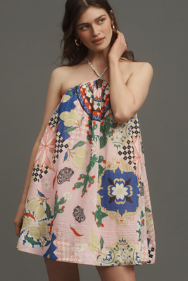 MAEVE PRINTED HALTER SWING MINI DRESS 
