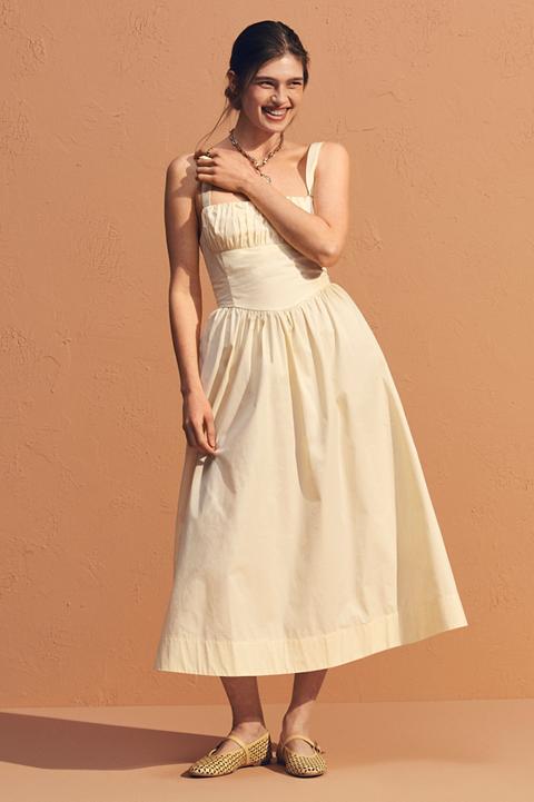By Anthropologie Drop-Waist Ruched Midi Dress