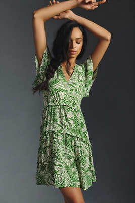 anthropologie green mini dress BRANDY V NECK SHORT FLUTTER SLEEVE DIPPED HEM MIDI DRESS main image 1