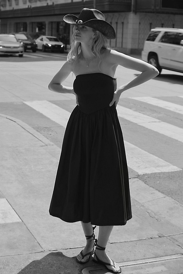 strapless a line midi dress Black and White Striped A-Line 53462 line dress is ideal for a modern elopement or as a reception Strapless Ruffle Trim Smocked Bodice