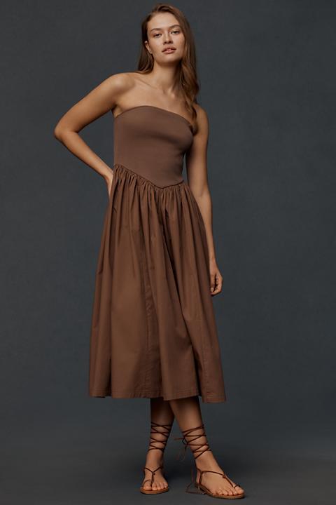 By Anthropologie Strapless Basque-Waist A-Line Midi Dress