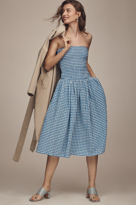 MAEVE STRAPLESS SMOCKED MIDI DRESS 