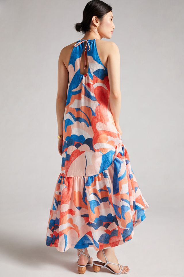 maeve flounced halter maxi dress ANTHROPOLOGIE MAEVE FLOUNCED ABSTRACT HALTER SIDE POCKET MAXI DRESS BLUE S  SMALL