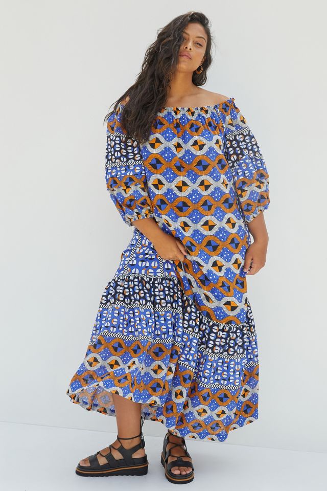 Anthropologie XS flounced abstract patterned offers maxi dress