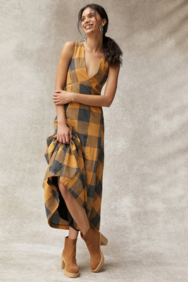 anthropologie brown gingham dress Anthropologie Tie-Back Midi Apron Nap Dress In Clean Green Gingham - 39%  Off