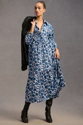 Maeve Tiered Shirt Dress In Blue