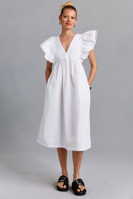 Maeve Printed Flutter-sleeve Babydoll Dress In White