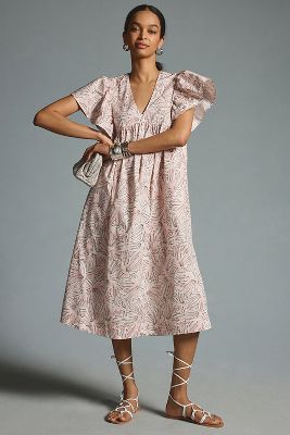 Maeve Printed Flutter-sleeve Babydoll Dress In Assorted