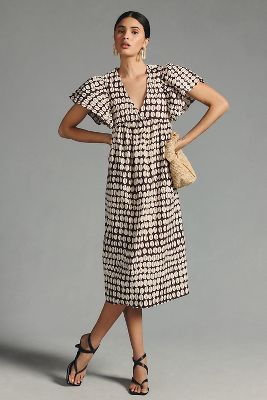 Maeve Printed Flutter-sleeve Babydoll Dress In Brown