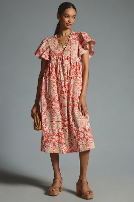 Maeve Printed Flutter-sleeve Babydoll Dress In Pink