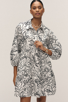 anthropologie The Bettina Tiered Mini Shirt Dress by Maeve Black & White Pattern