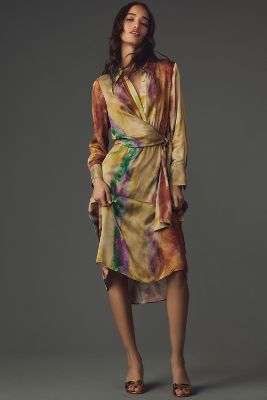 By Anthropologie Long-sleeve Tie-front Midi Shirt Dress In Multicolor
