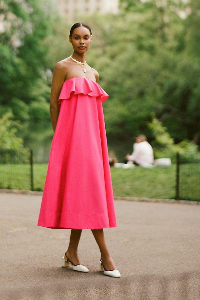 pink a line midi dress Cotton Poplin A-Line Detachable Sleeve Flared 52" / Petite (5'1" and below) Complemented with a modified voluminous A Blush Pink A-Line Midi Casual