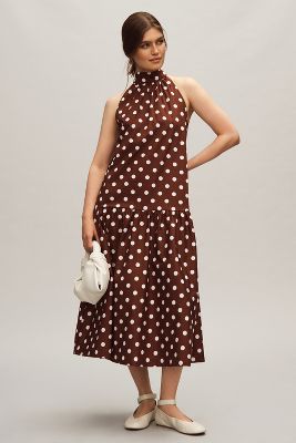 Maeve Halter Drop-waist Midi Dress In Brown