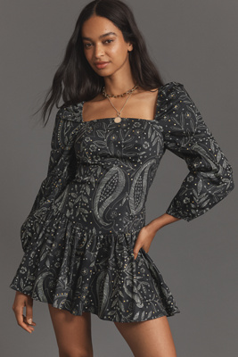 MAEVE LONG-SLEEVE SQUARE-NECK DROP-WAIST MINI DRESS 