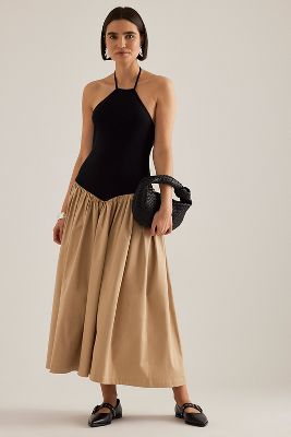 MAEVE HALTER BASQUE-WAIST TWOFER MIDI DRESS 