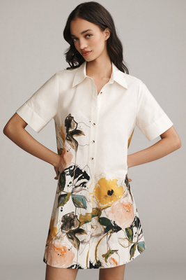anthropologie The Pollie Short-Sleeve Swing Tunic Mini Dress: Leigh Viner Edition Ivory Floral