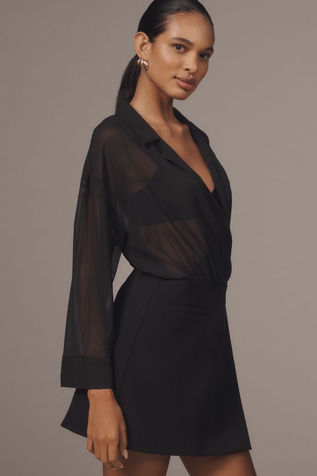 Maeve Long-Sleeve V-Neck Sheer Twofer Mini Dress