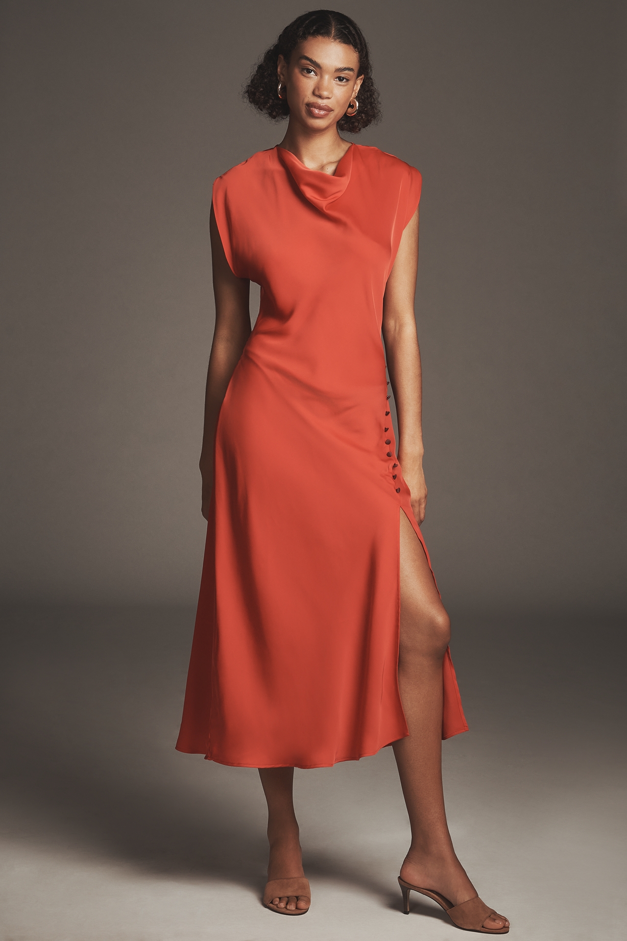 Maeve Short-Sleeve Cowl-Neck Slip Midi Dress
