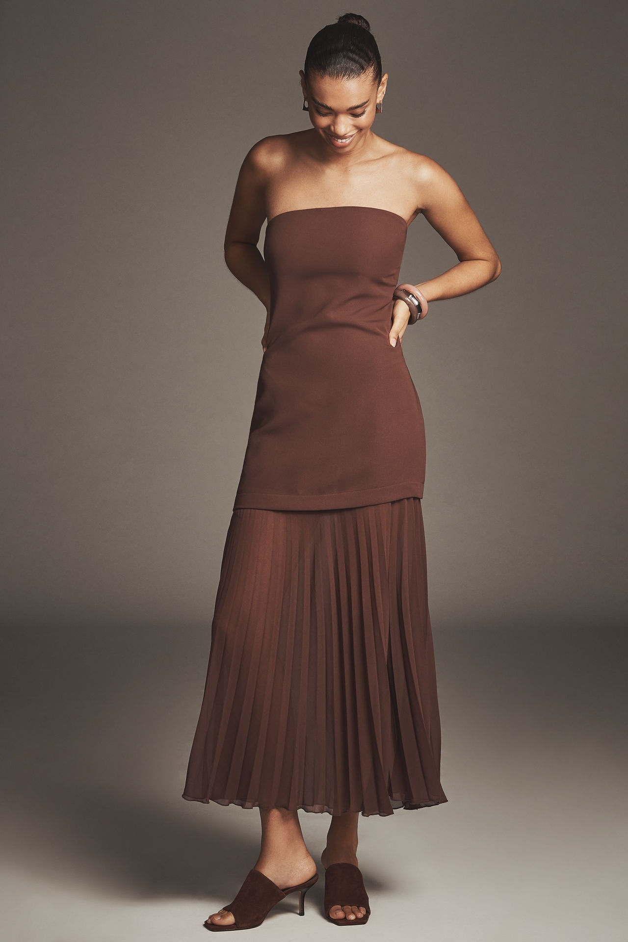 By Anthropologie Strapless Twofer Pleated Midi Dress