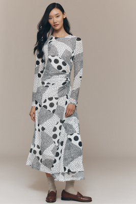 By Anthropologie Long-Sleeve Ruched Mesh Midi Dress