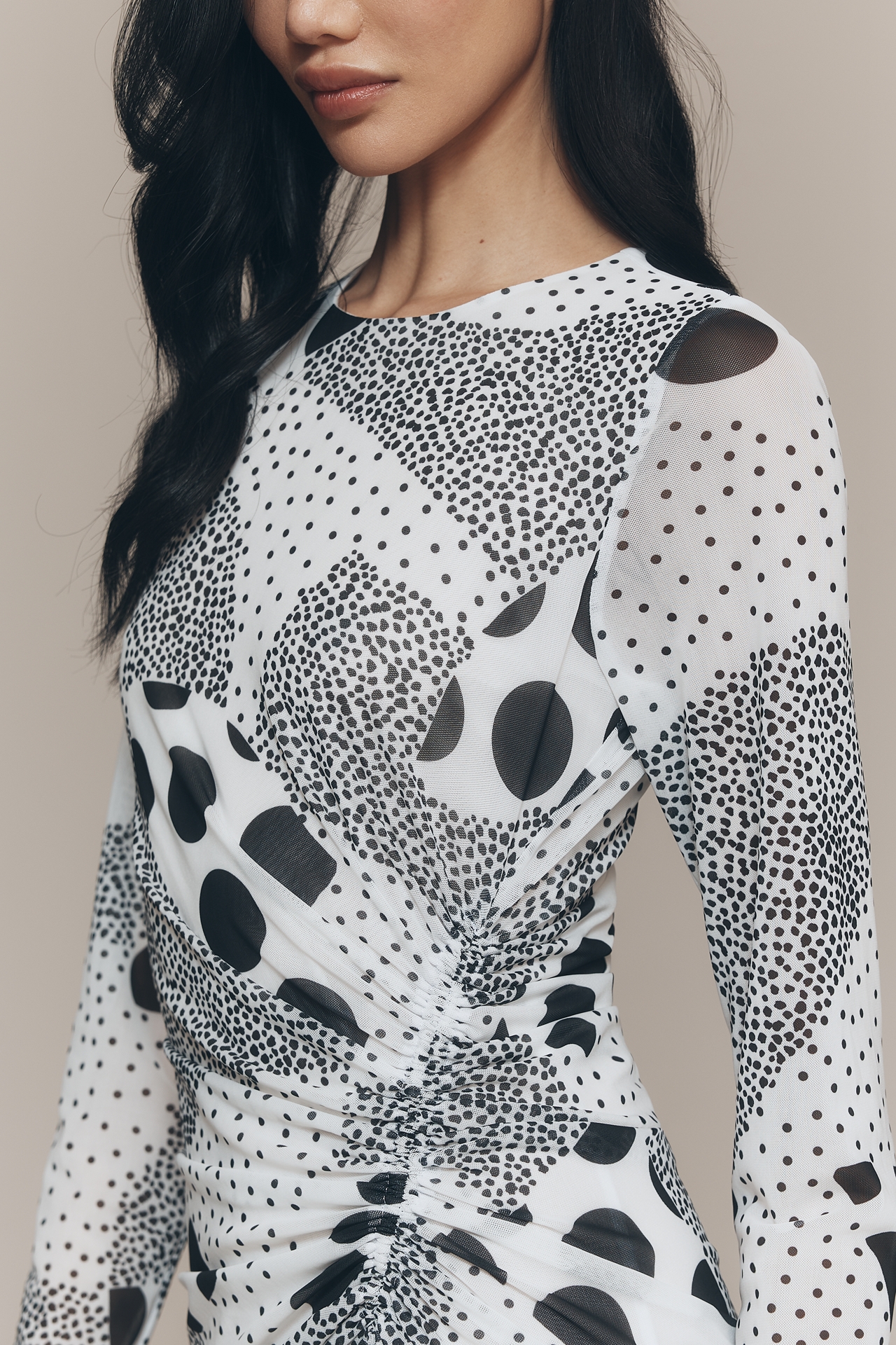 By Anthropologie Long-Sleeve Ruched Mesh Midi Dress