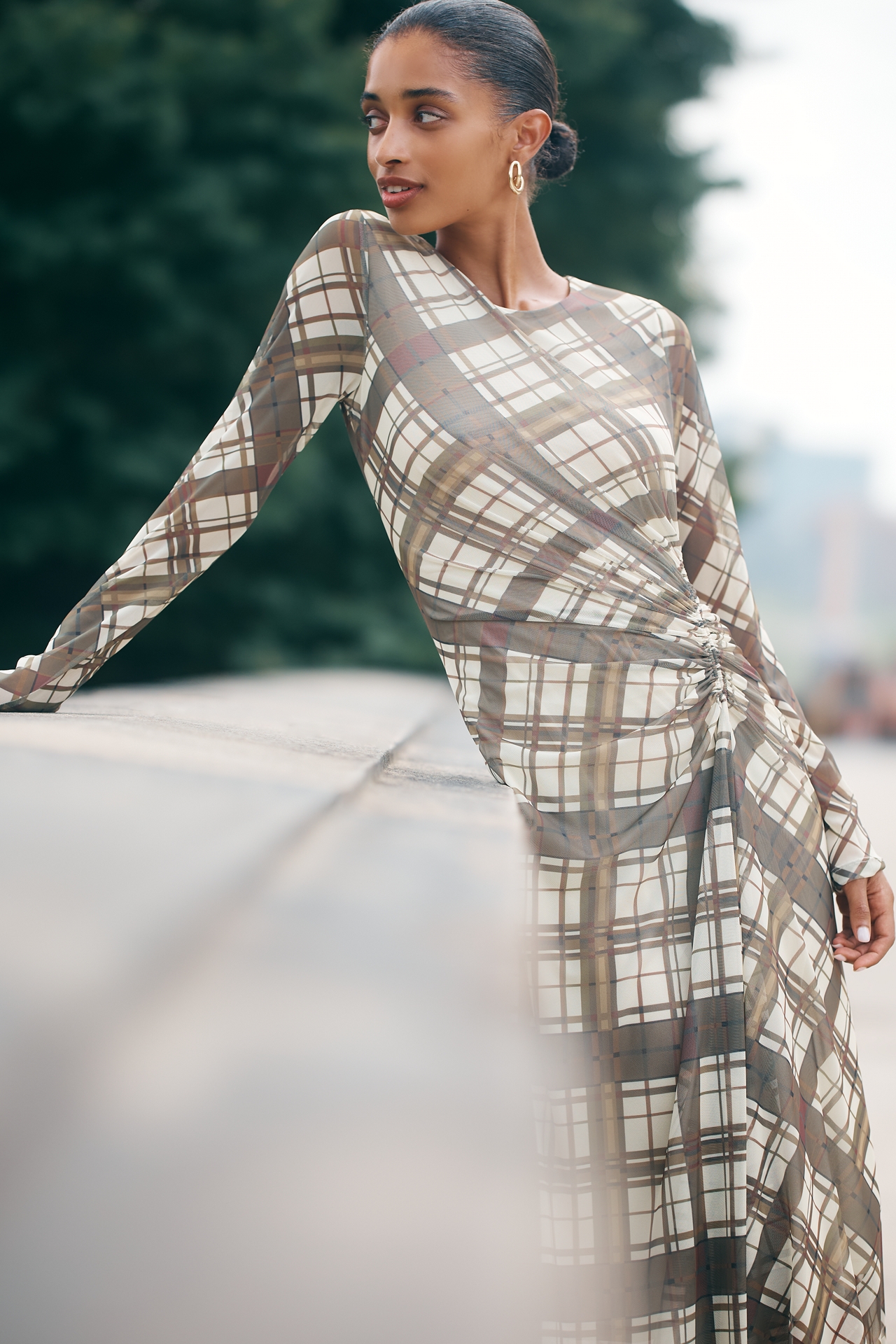 By Anthropologie Long-Sleeve Ruched Mesh Midi Dress