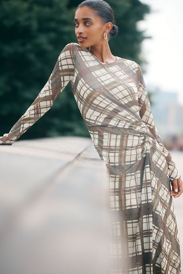 By Anthropologie Long-Sleeve Ruched Mesh Midi Dress #2