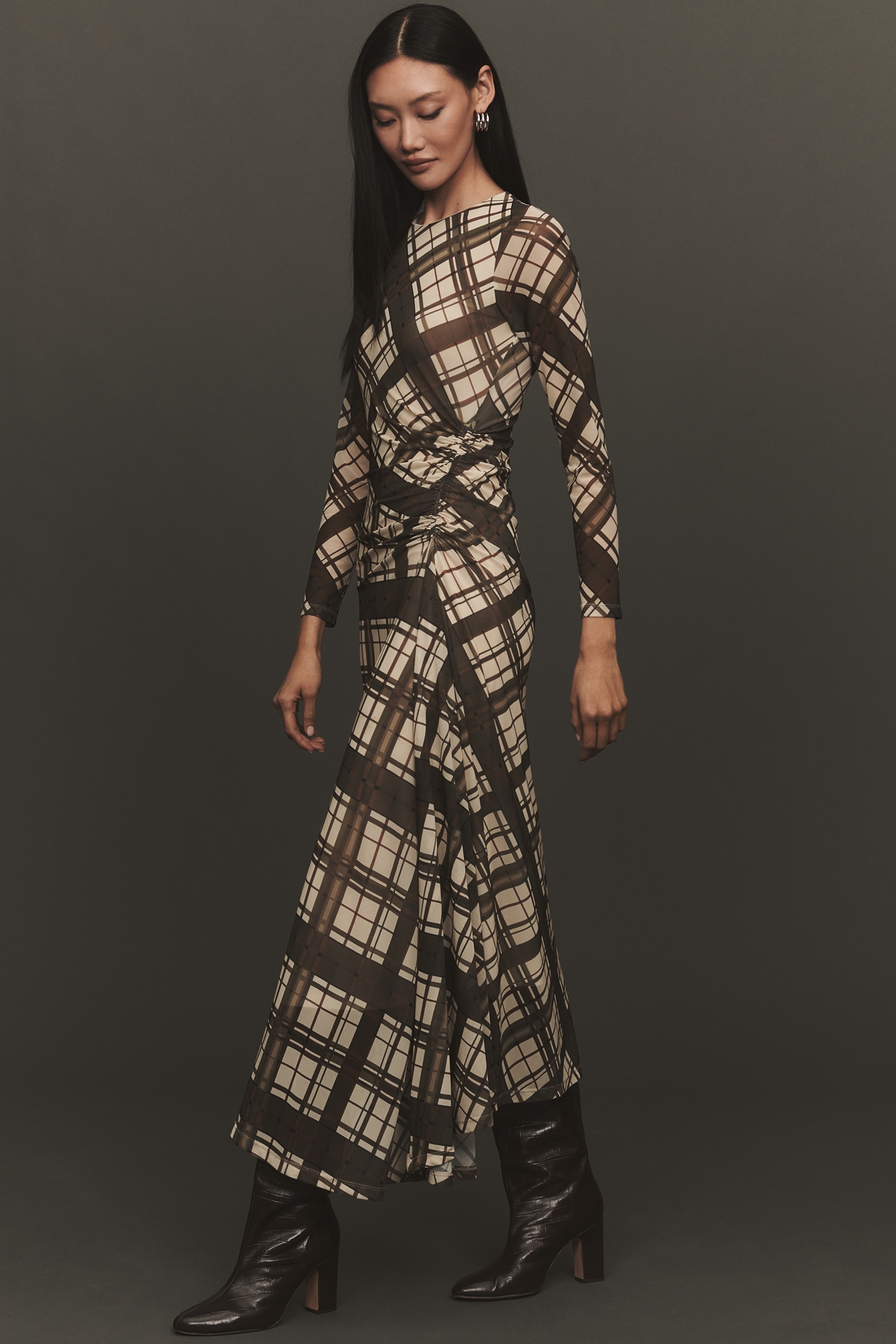 By Anthropologie Long-Sleeve Ruched Mesh Midi Dress
