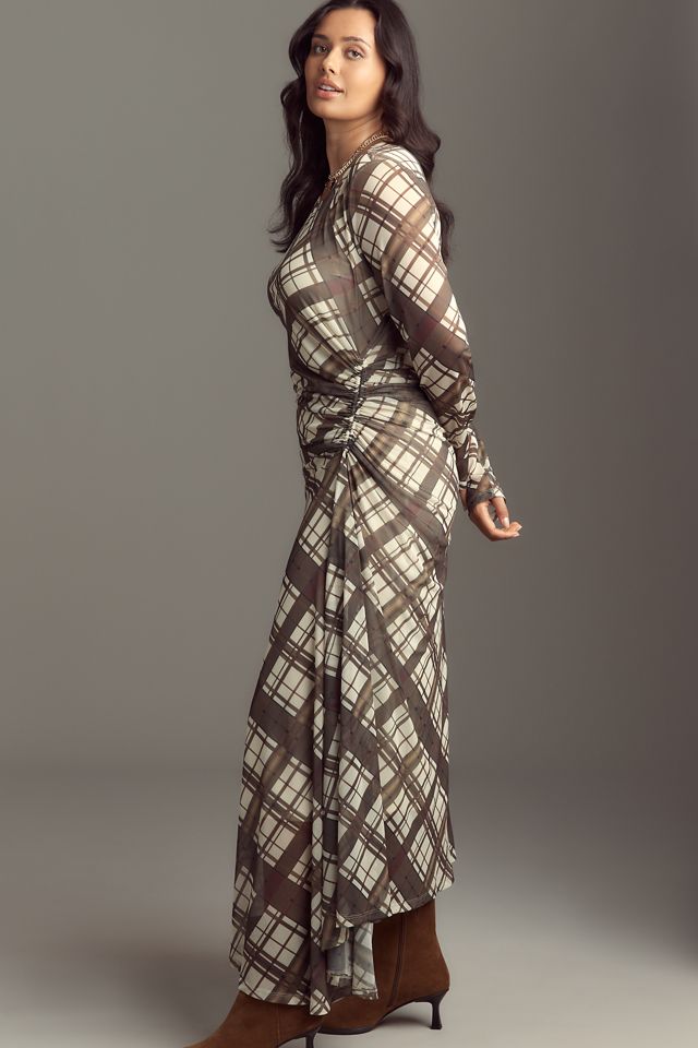 By Anthropologie Long-Sleeve Ruched Mesh Midi Dress #7