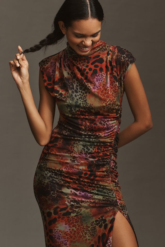 The Maya Ruched Cowl-Neck Mesh Dress