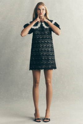Maeve Puff-sleeve Collared Lace Mini Dress In Blue