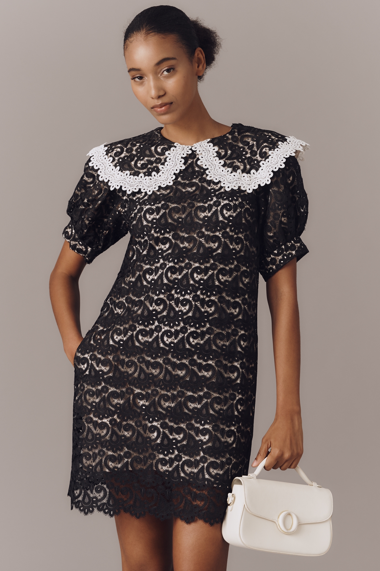 Maeve Puff-Sleeve Collared Lace Mini Dress