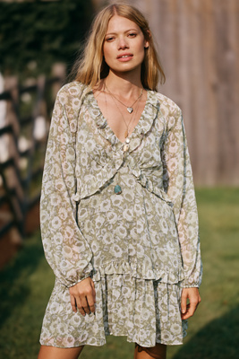 By Anthropologie @loverlygrey X Anthropologie Puff-sleeve Ruffle Mini Dress In Green
