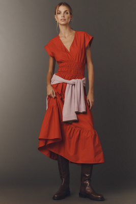 Maeve Cap-Sleeve V-Neck Smocked Midi Dress