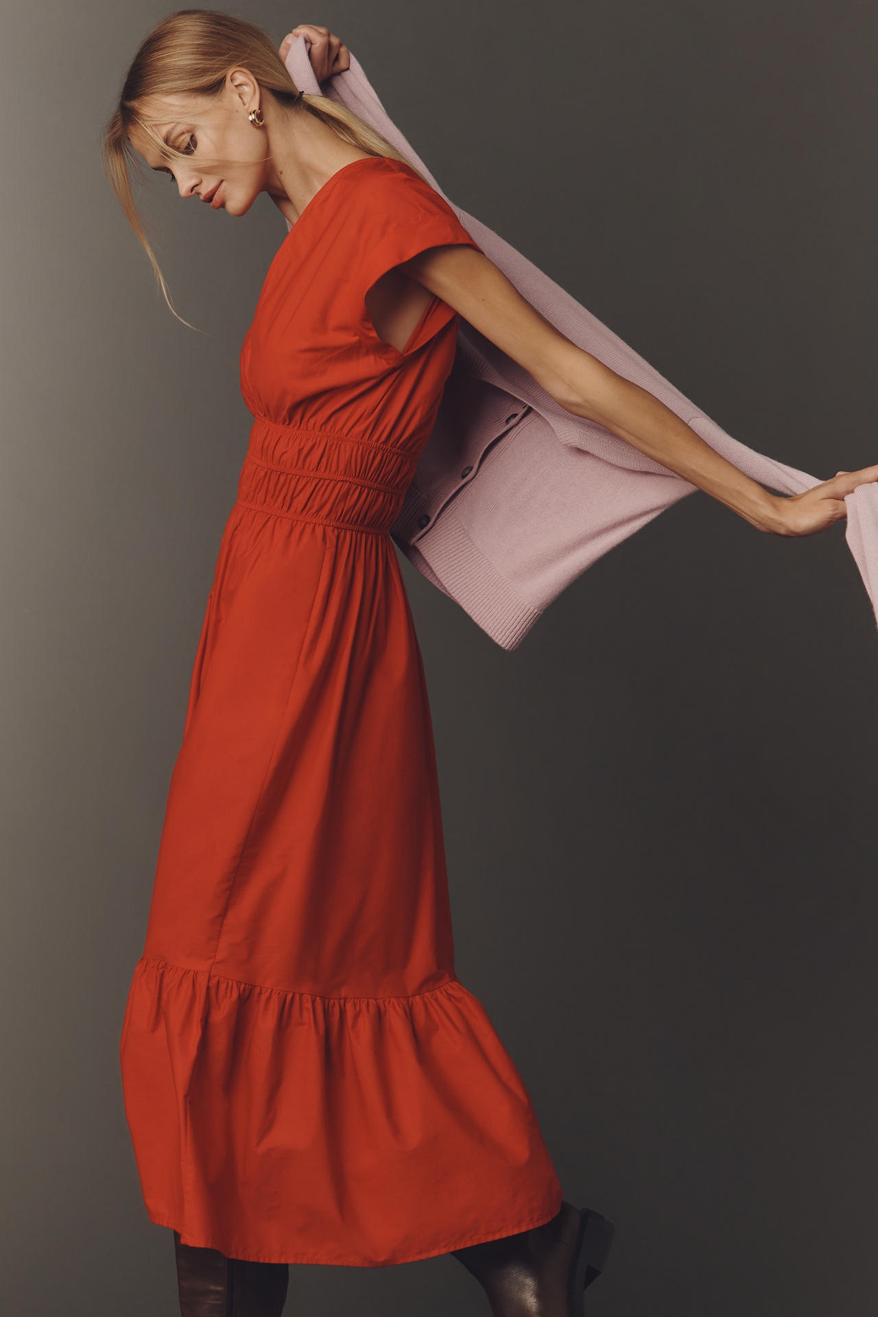 Maeve Cap-Sleeve V-Neck Smocked Midi Dress