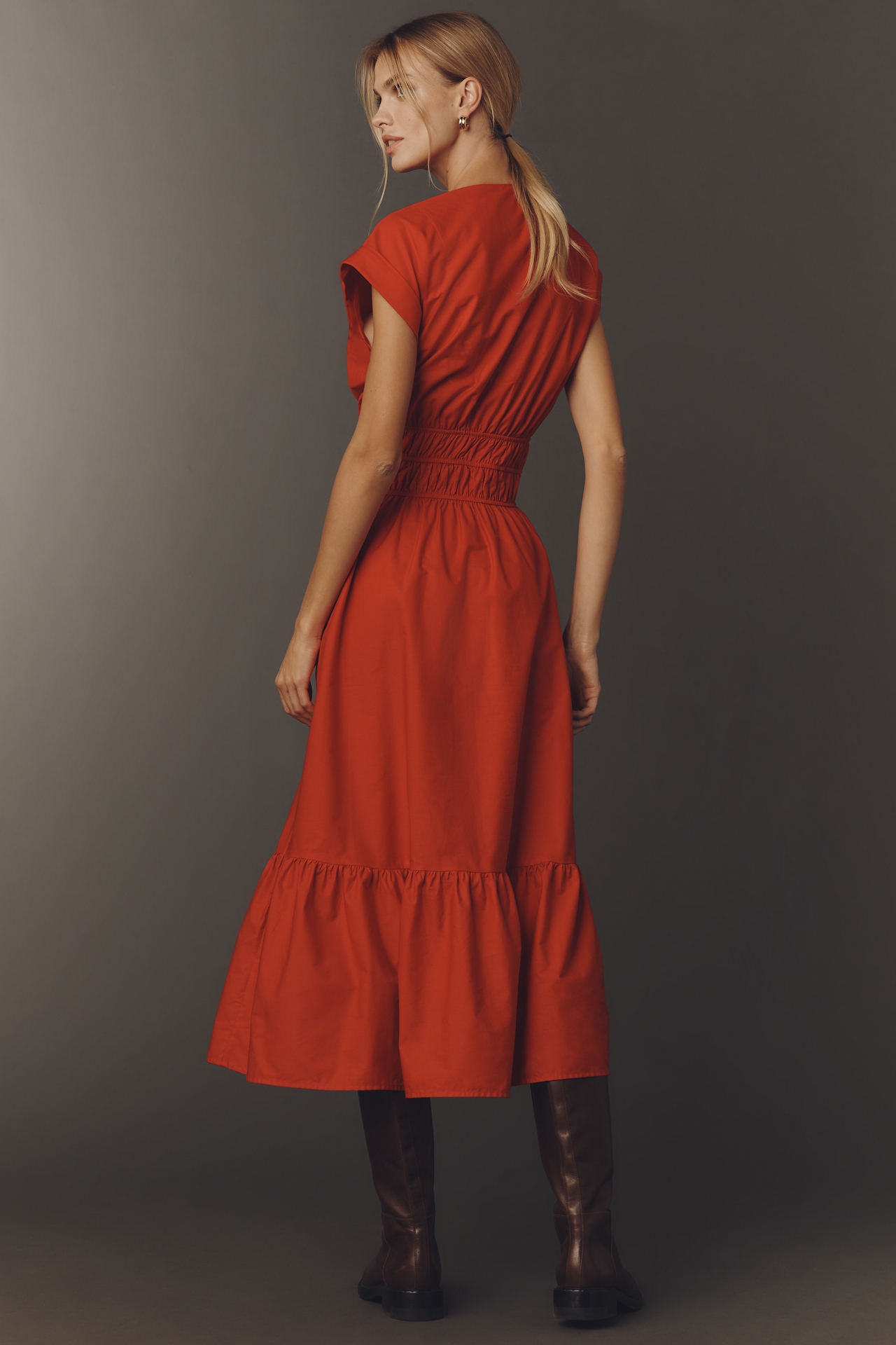 Maeve Cap-Sleeve V-Neck Smocked Midi Dress