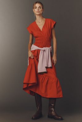 Maeve Cap-Sleeve V-Neck Smocked Midi Dress