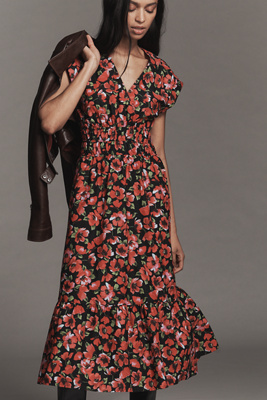 Maeve Cap-sleeve V-neck Smocked Midi Dress In Multi