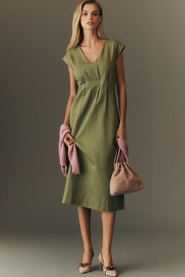 Maeve Linen-blend Short-sleeve Waisted Midi Dress In Green
