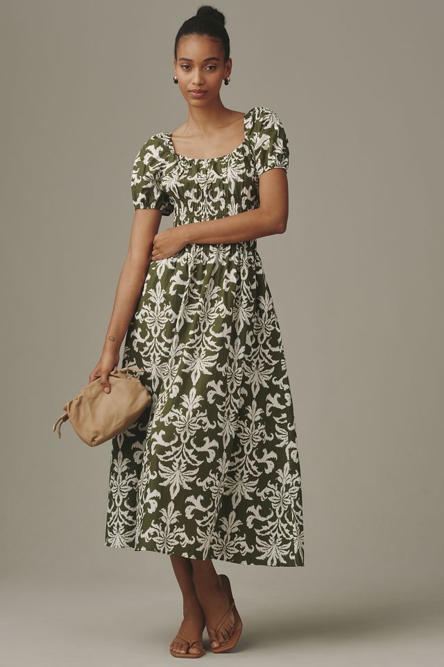 green emerald velvet dress Puffed-sleeve flare midi dress – GOEN.J