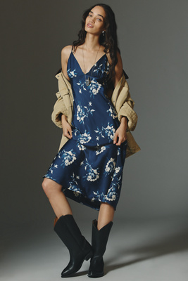 Maeve Printed V-neck A-line Midi Dress In Blue