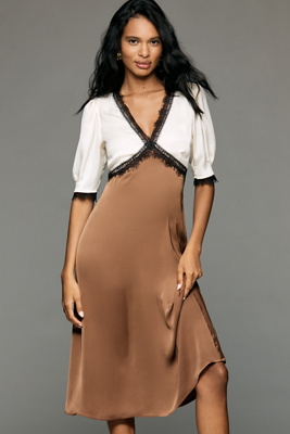 V-Neck Lace Trim Midi Dress by Anthropologie in Brown, Size: XXS