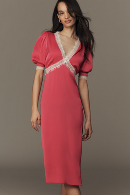 By Anthropologie V-Neck Lace Trim Midi Dress