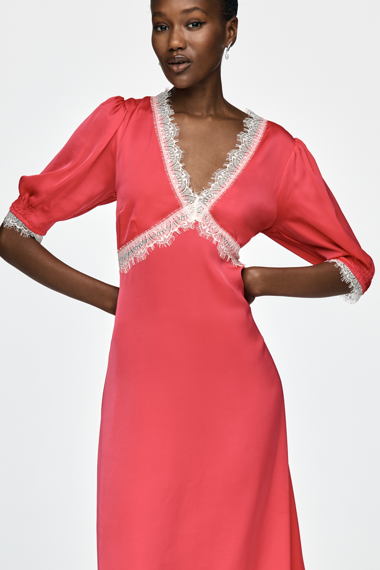 By Anthropologie V-Neck Lace Trim Midi Dress