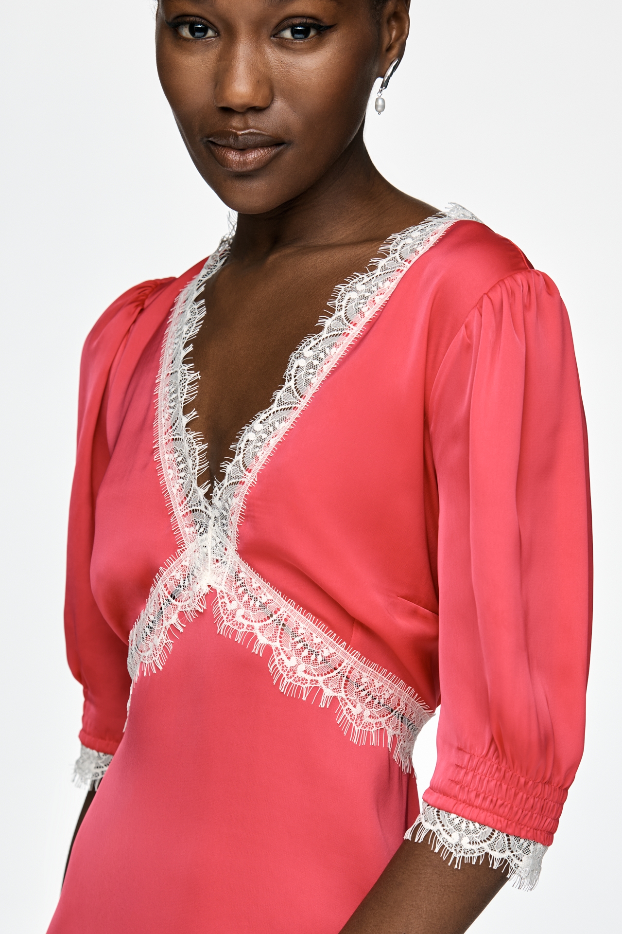 By Anthropologie V-Neck Lace Trim Midi Dress