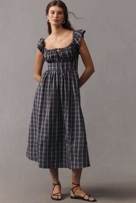 Flutter-Sleeve Square-Neck Midi Dress
