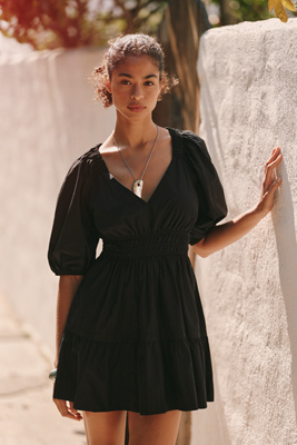 100% Cotton Puff-Sleeve Smocked A-Line Mini Dress